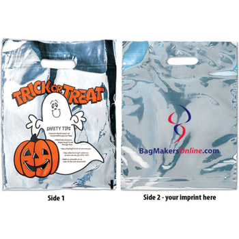 11 W x 14-7/8 H - Halloween Theme - Ghost Silver Plastic Tote Bags