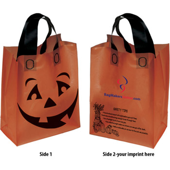 10 W x 5 D x 12-7/8 H - Halloween Theme - Frosted Soft Loop Handle Plastic Tote Bags